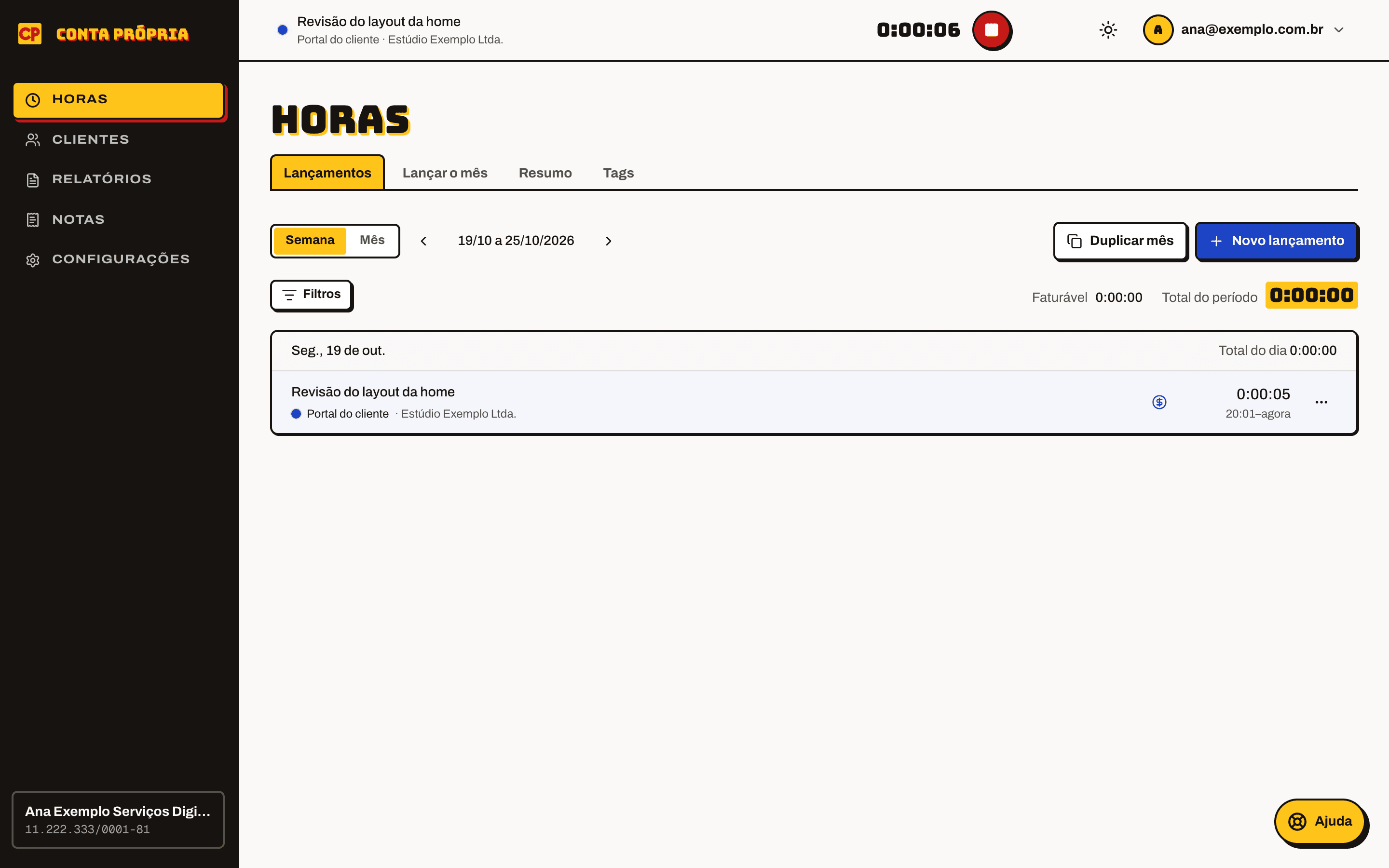The timer sits at the top of every screen, already with client and project.