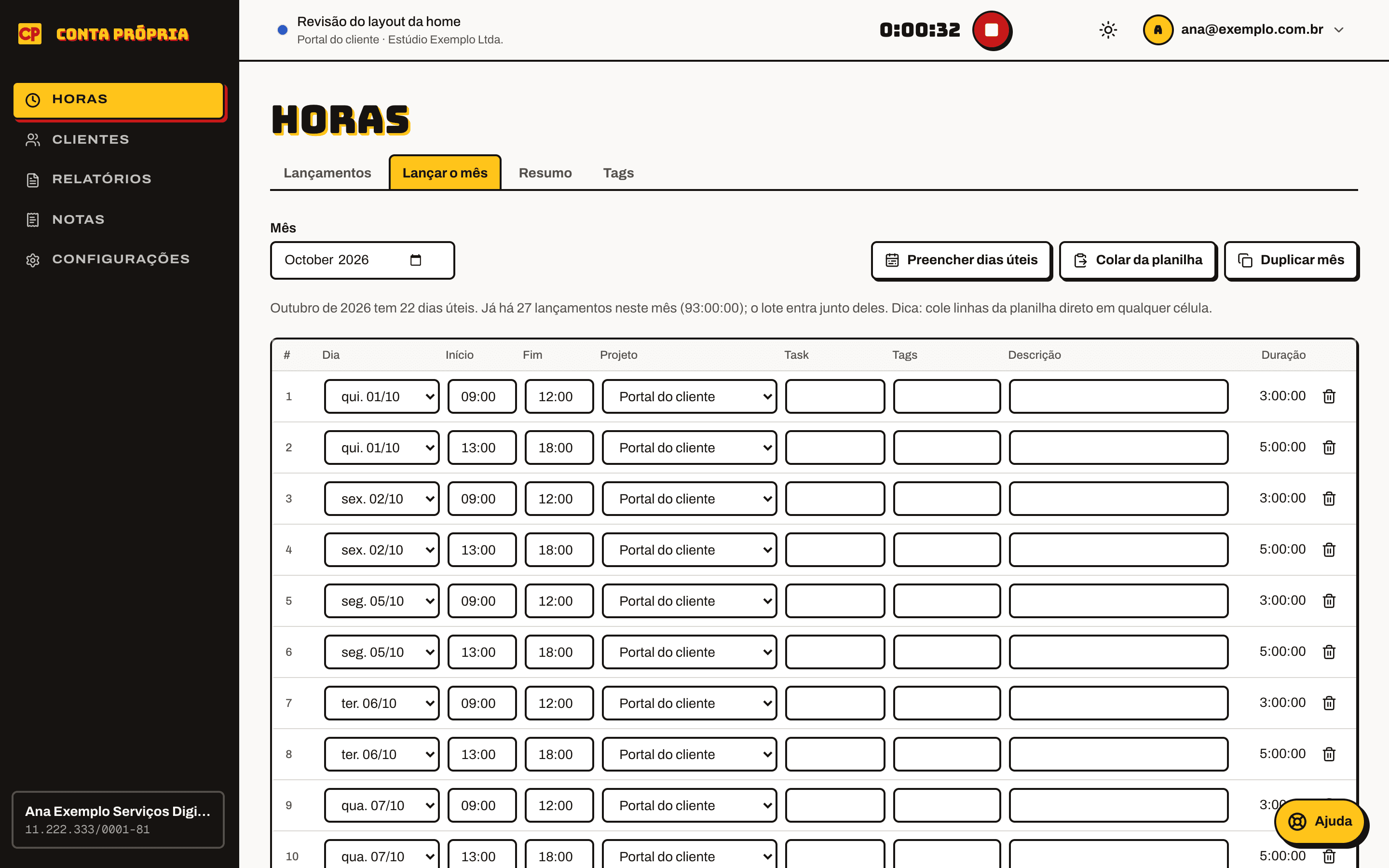 A whole month logged at once, like a spreadsheet.