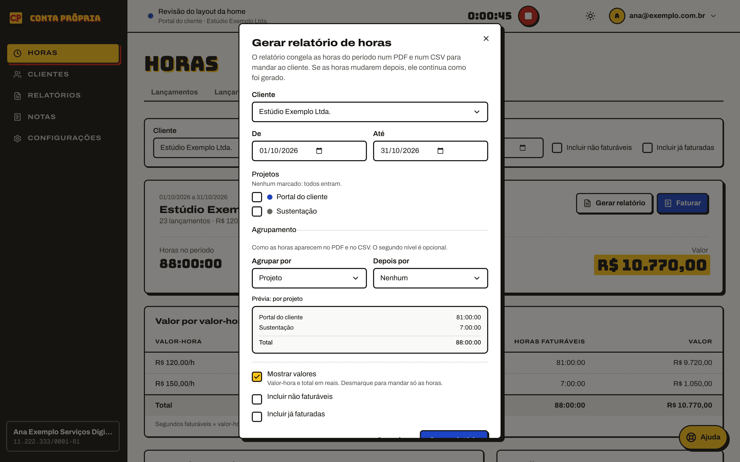Building the hours report, with grouping and a preview.