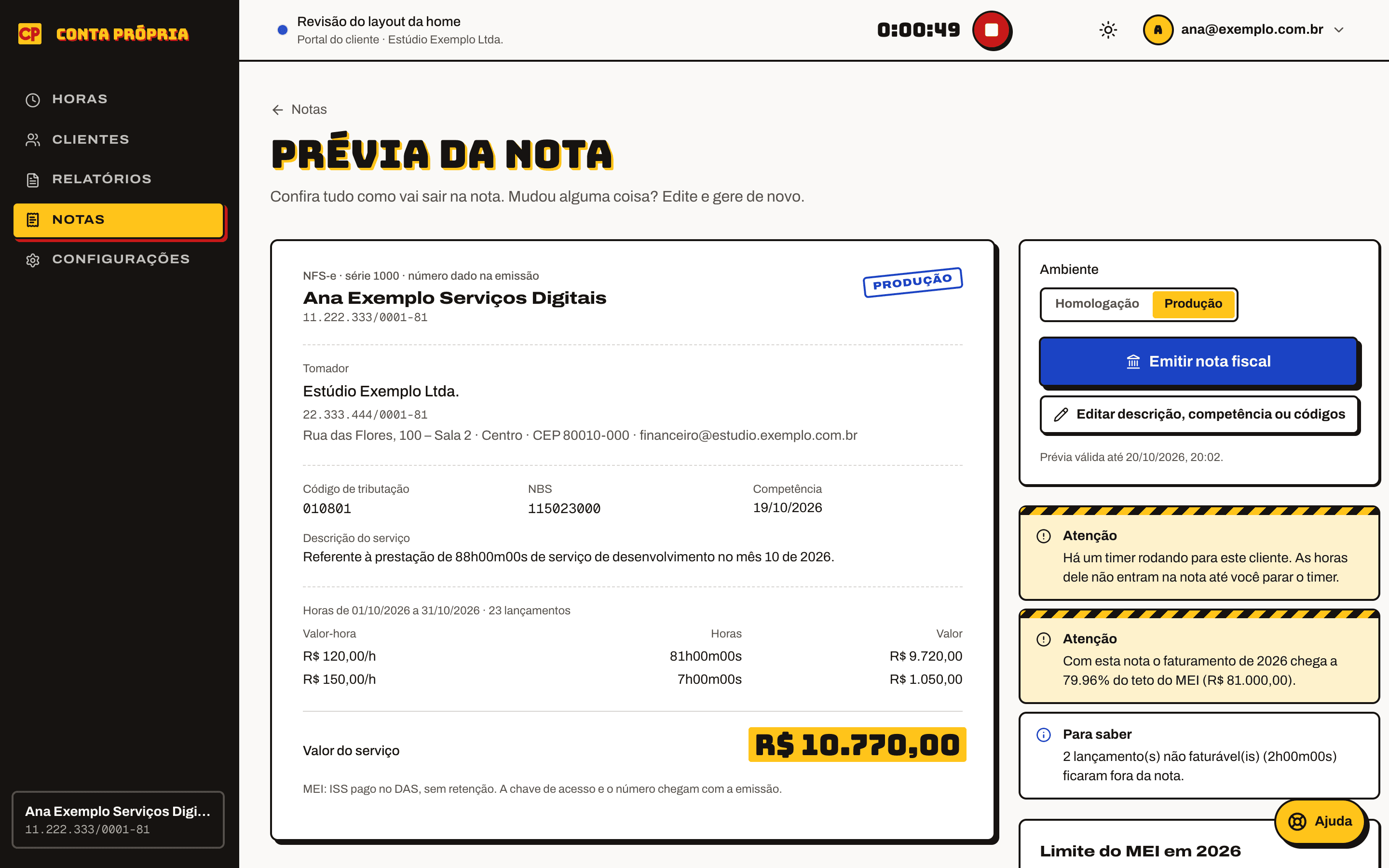 The invoice preview, calculated from the hours, with warnings before issuing.
