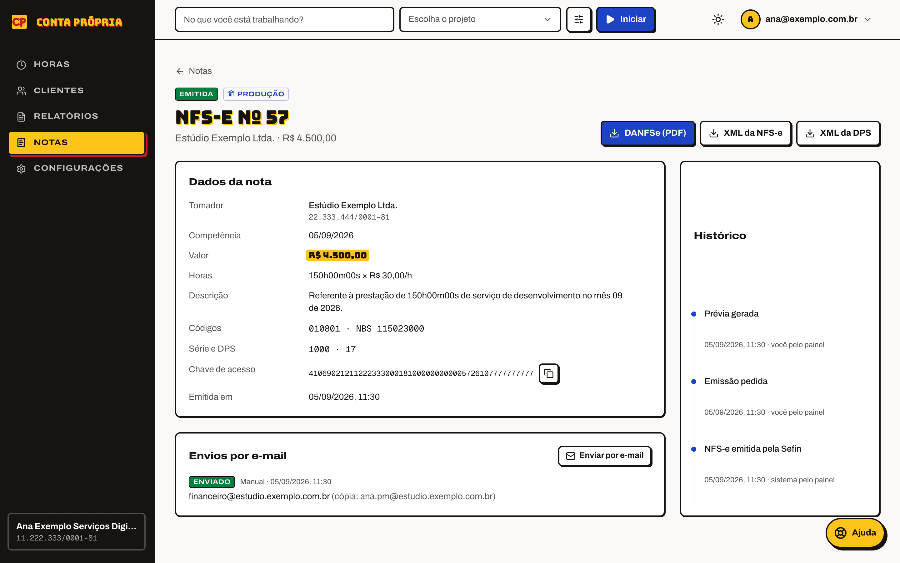 An issued invoice, with the PDF, XMLs, history and email delivery.