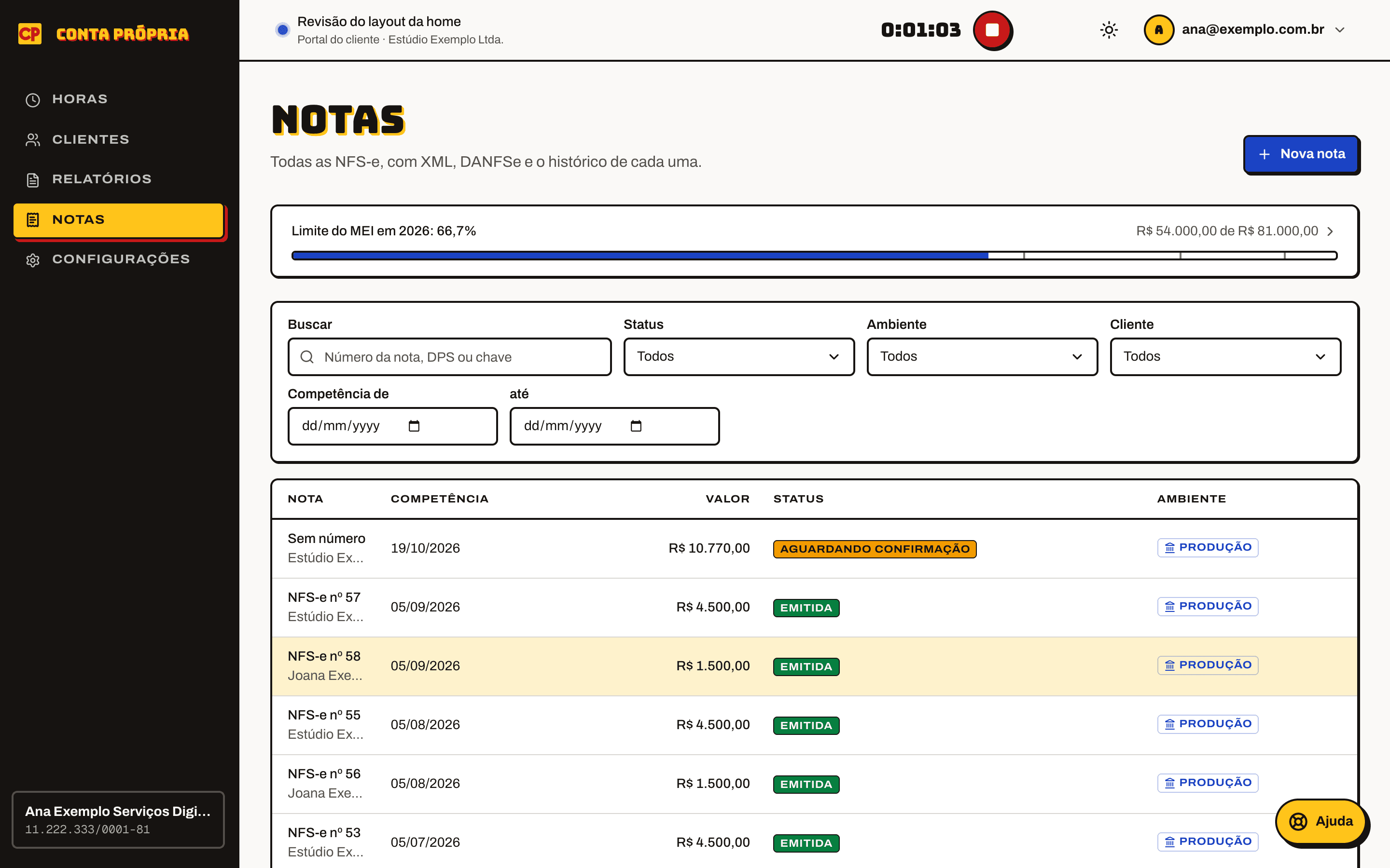 The invoice archive, with search, filters and the MEI cap on top.