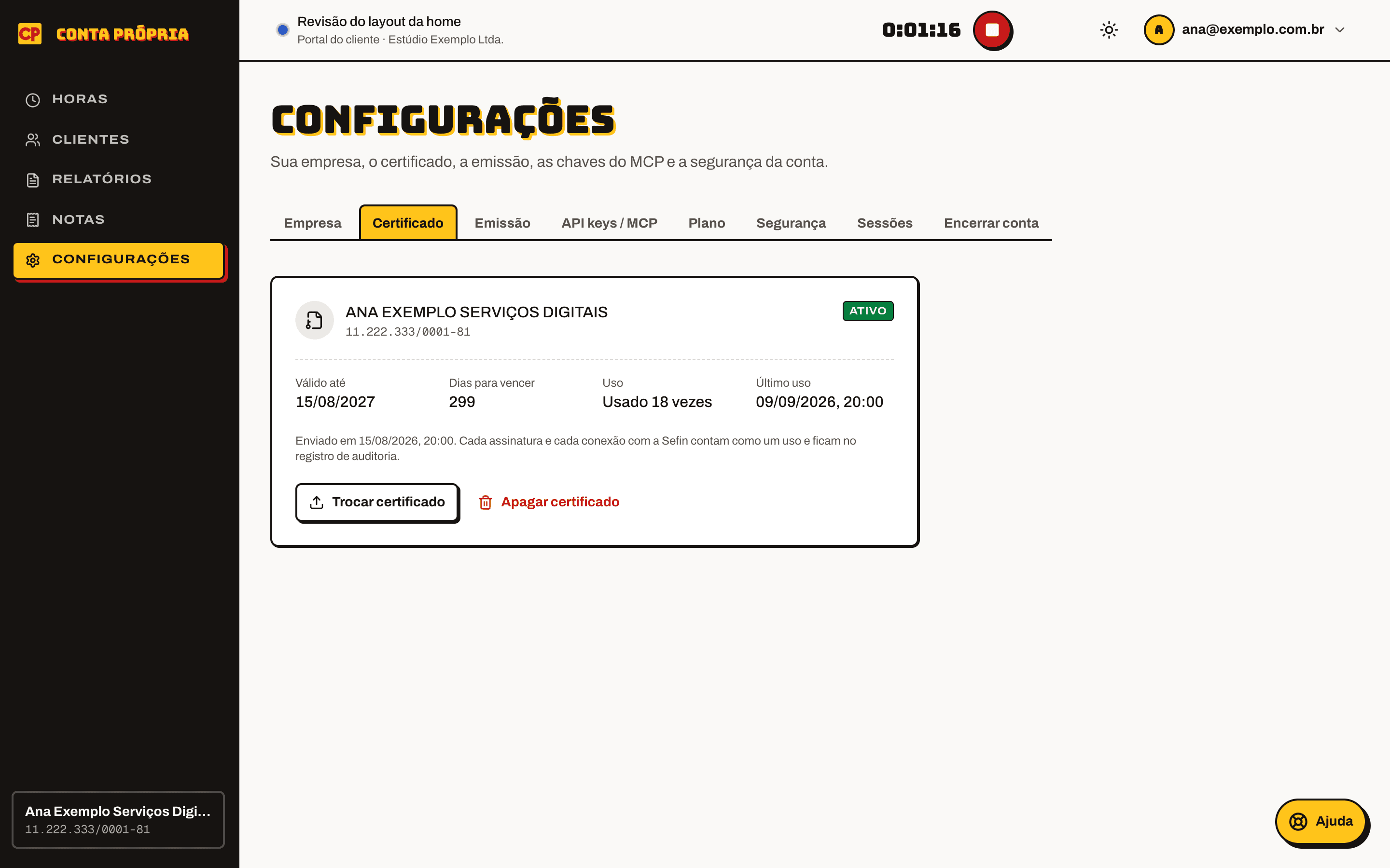 The stored A1 certificate, with validity and usage.