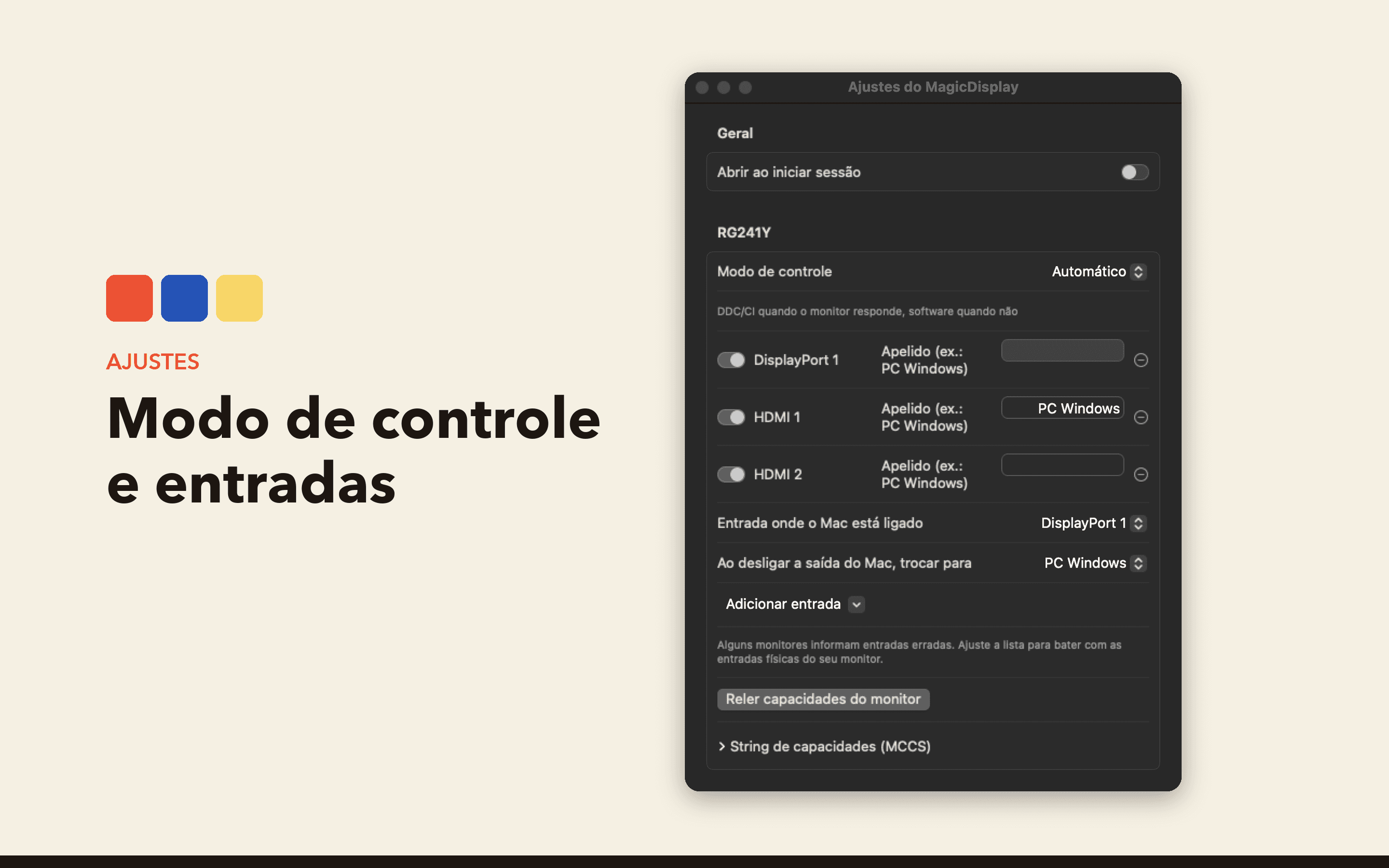 Per-monitor settings: control mode, input names and the Mac's input.