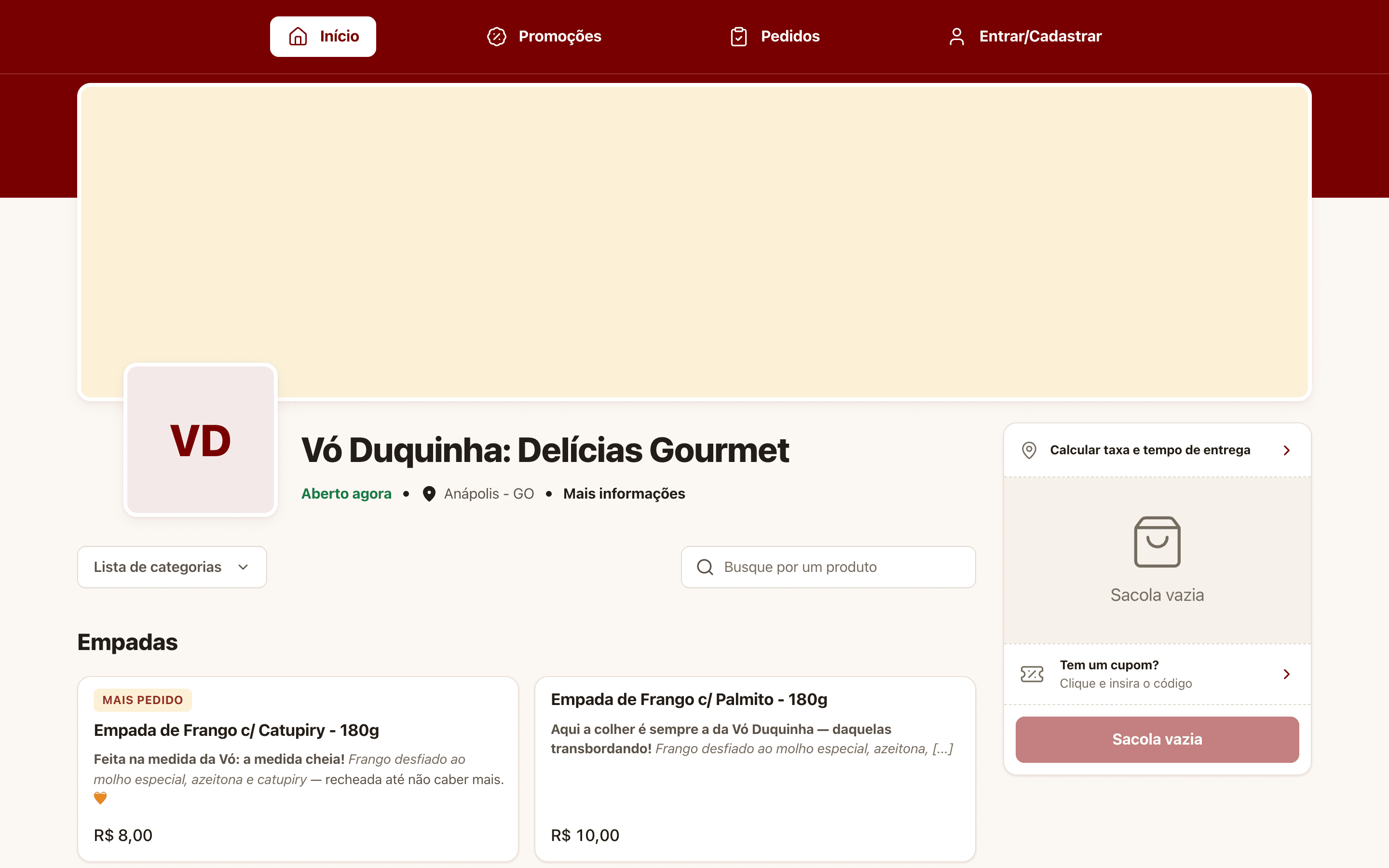 The online store of a fictional restaurant (Vó Duquinha).