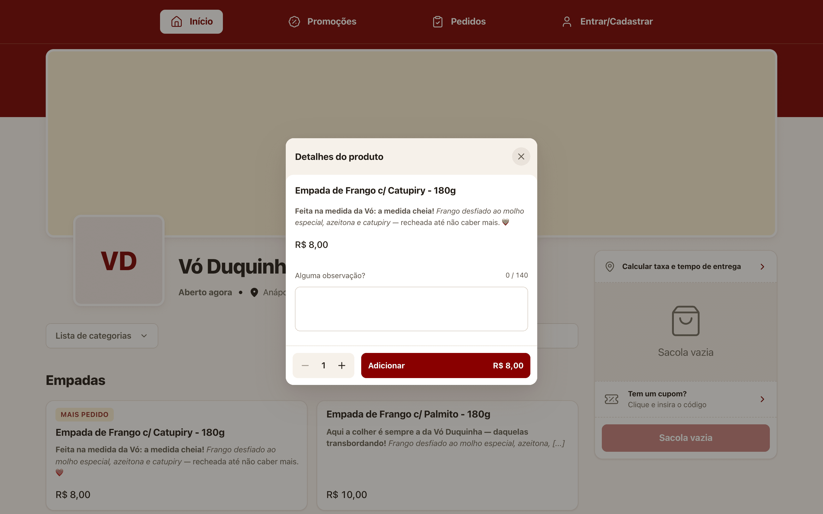 Product details, with a note and quantity.