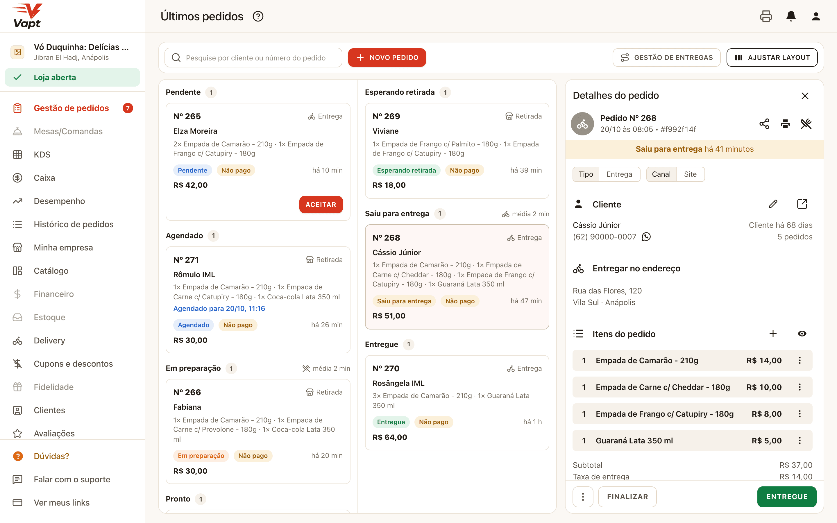 Order details, with customer, address, items and actions.