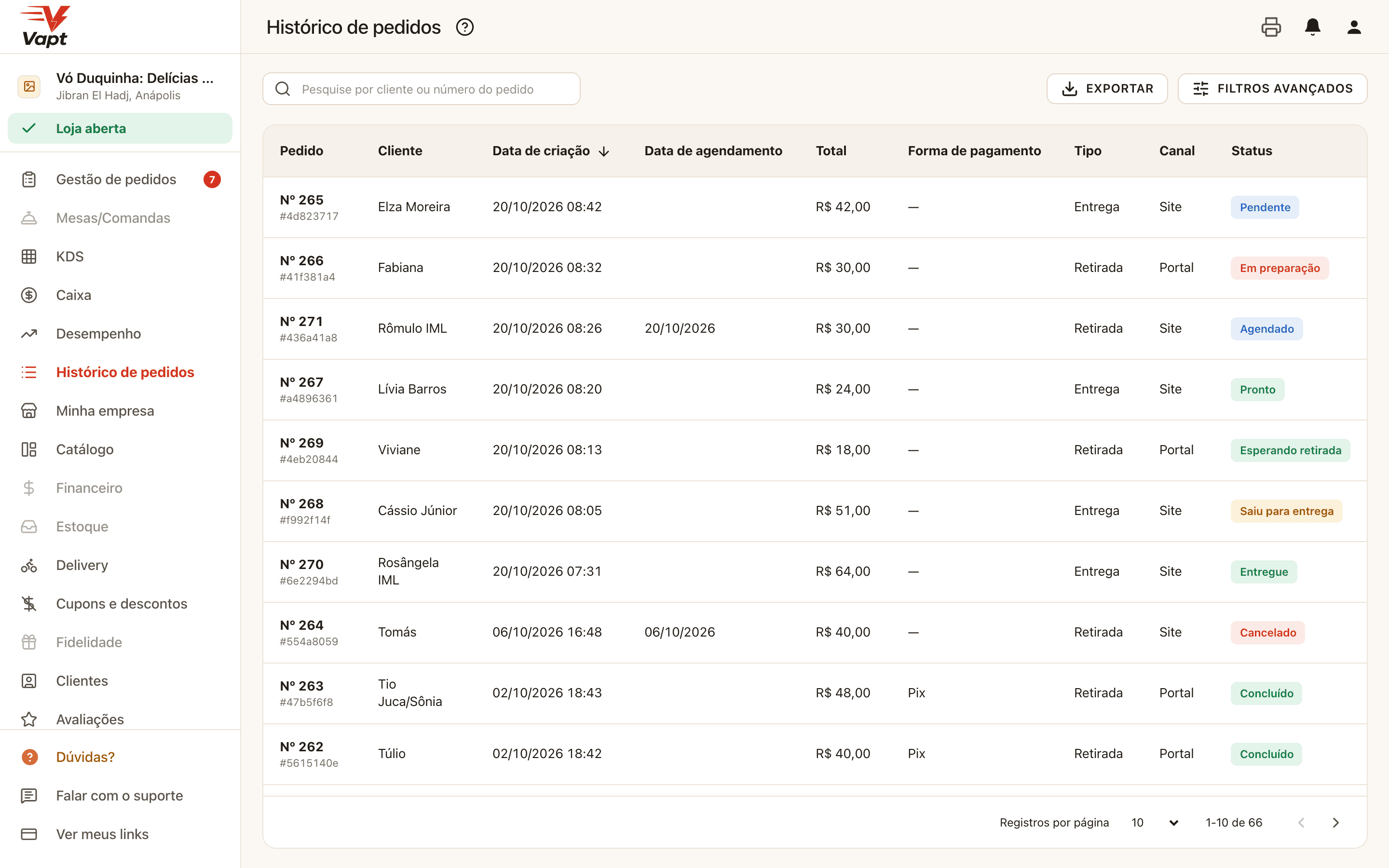 Order history with filters.