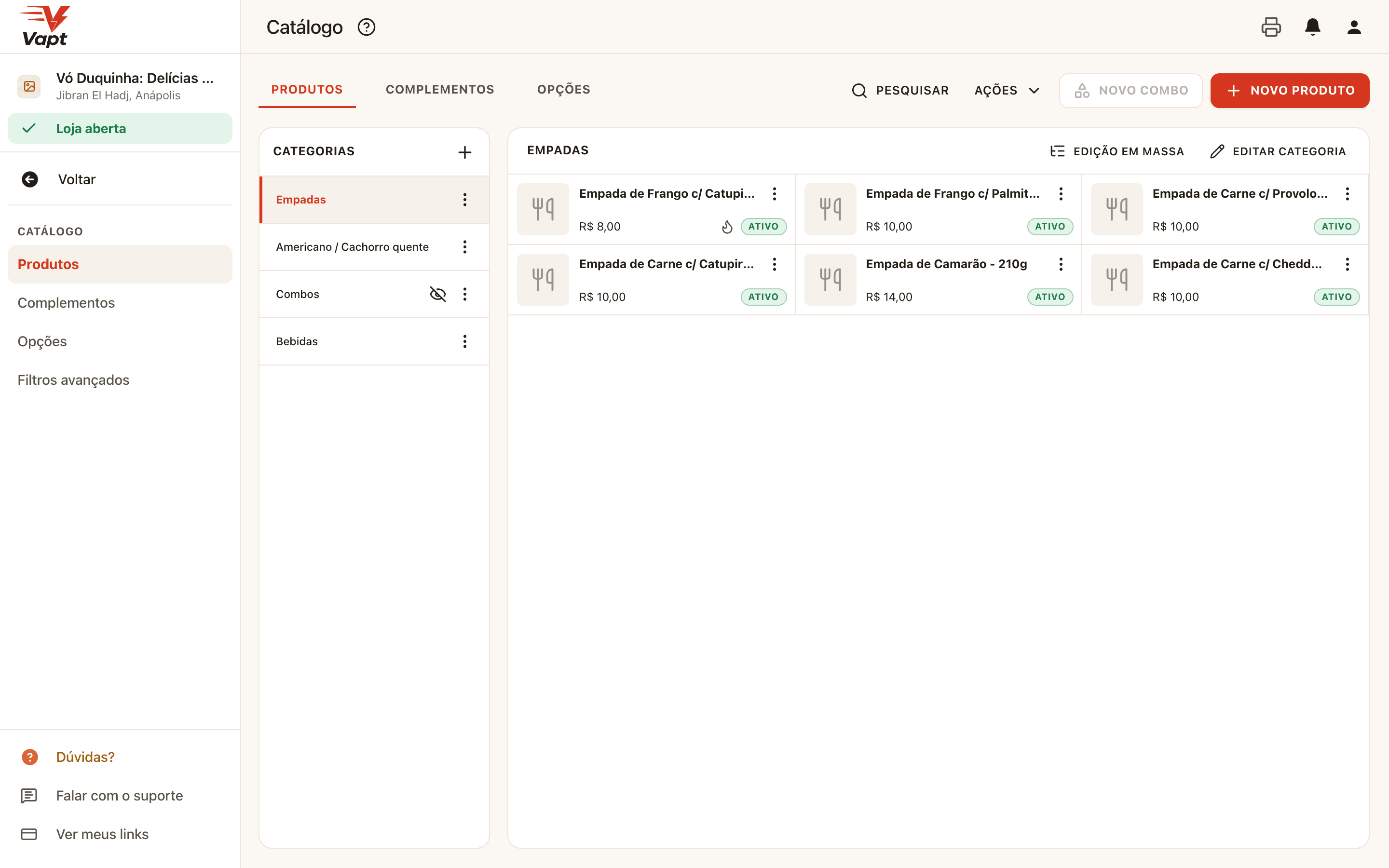 The menu, with categories, products and add-ons.
