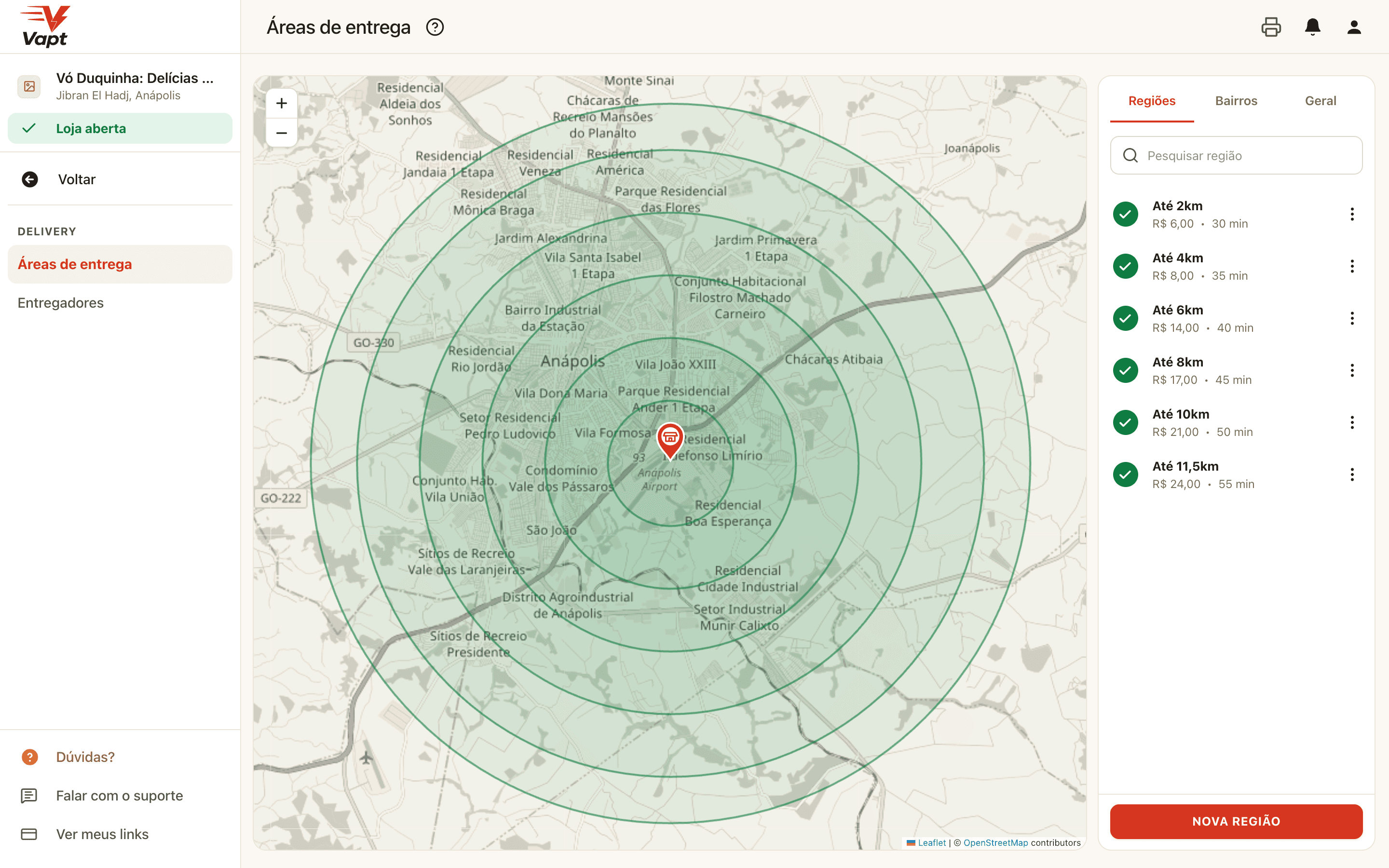 Delivery areas by radius, with each band's fee.