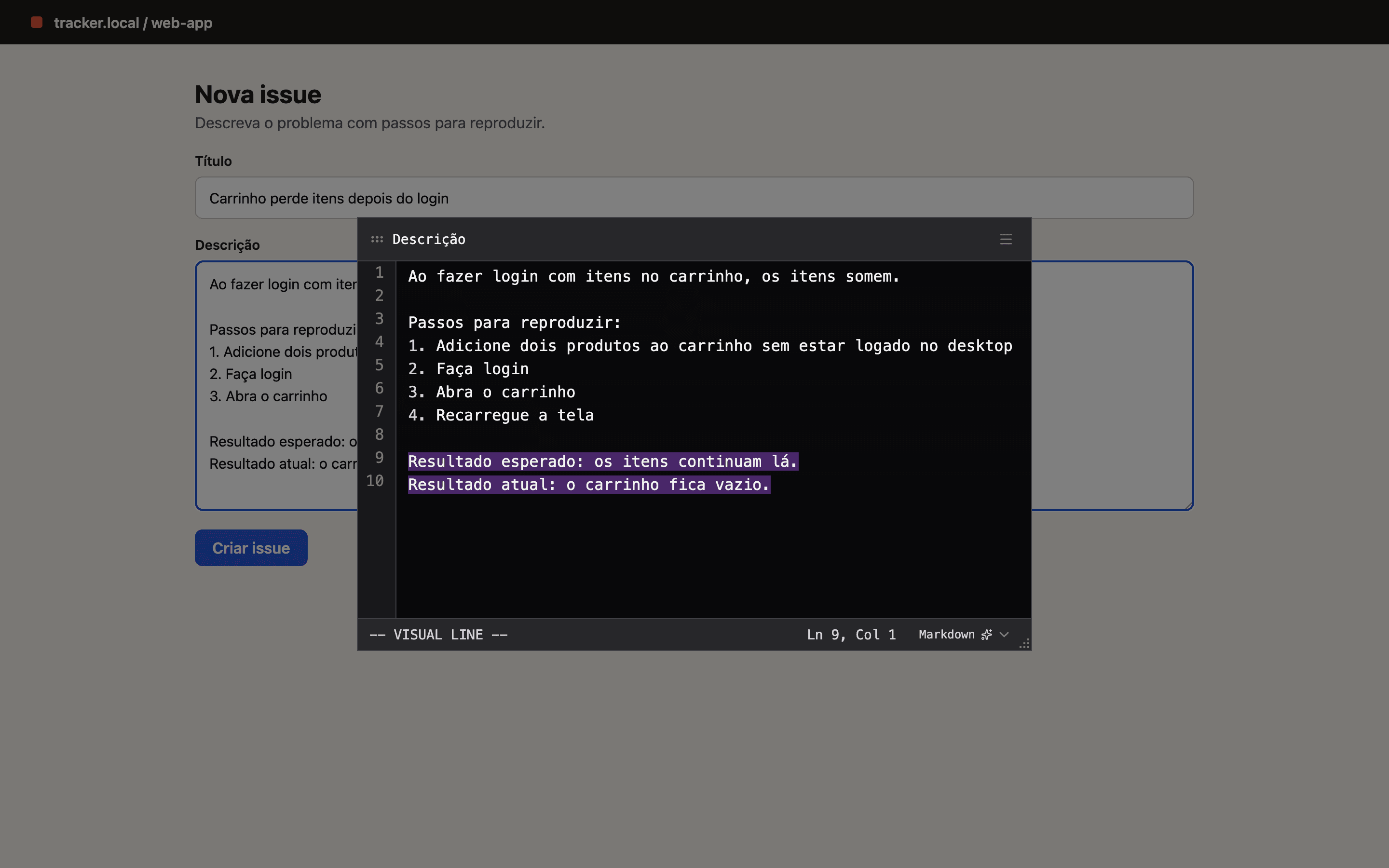 The editor open over a plain textarea, in visual line mode.
