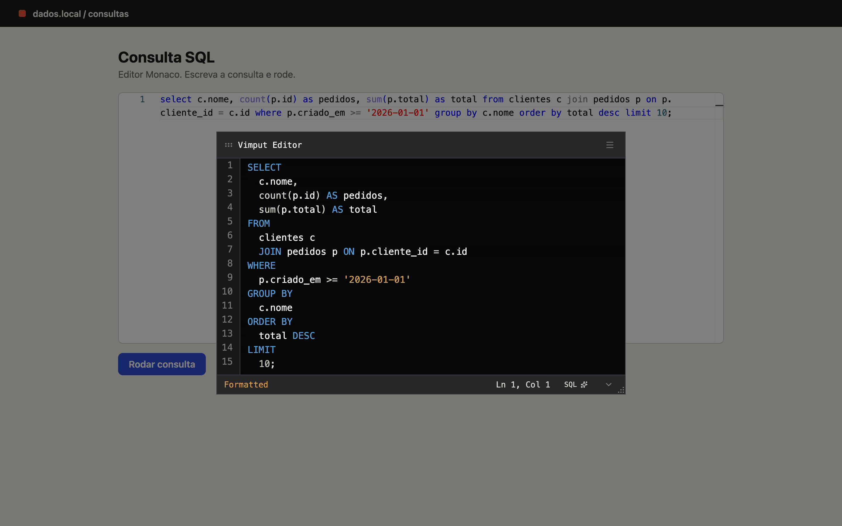 A query from a Monaco editor formatted with `:fmt`.